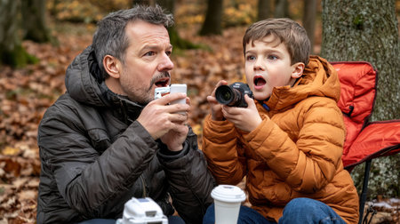Father and son photographing in autumn forest. They are sitting on a bench and drinking coffee.の素材