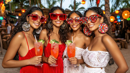 group of smiling african american women in sunglasses with cocktails on beachの素材