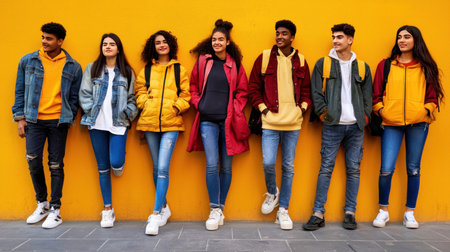Group of african american and caucasian teenagers in colorful clothes standing against yellow wallの素材