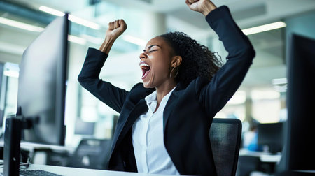 Successful businesswoman cheering with arms raised while sitting at desk in officeの素材