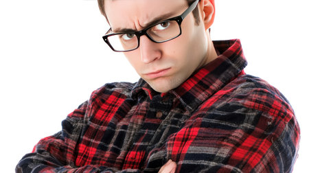 Portrait of a young man in glasses and plaid shirt isolated on white backgroundの素材