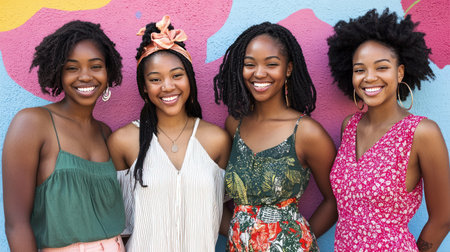 Portrait of a group of happy african american women against colorful wallの素材