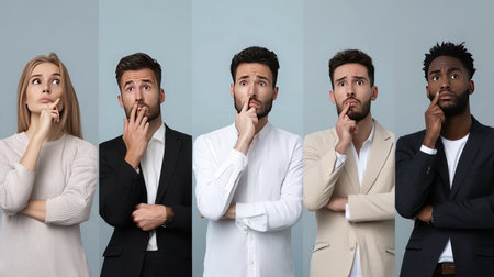 Group of young multiethnic businesspeople with different emotions on grey backgroundの素材