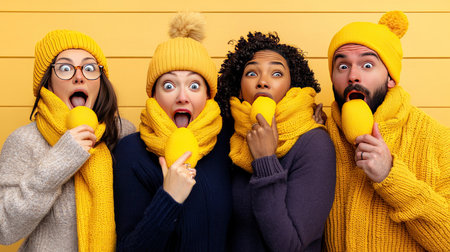 Surprised multiethnic friends in knitted hats and scarfs holding cups with hot drinks on yellow backgroundの素材