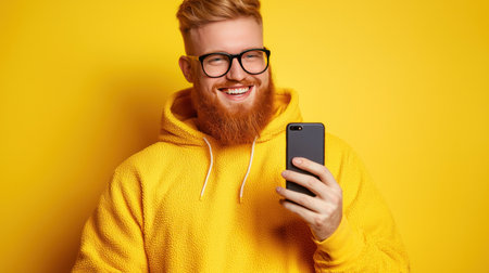 smiling young man in yellow sweater and eyeglasses using smartphoneの素材
