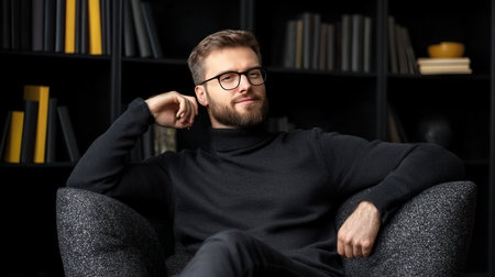 Handsome young man in glasses sitting in armchair at homeの素材
