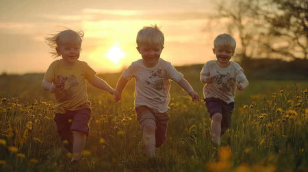 Three little boys running in a field of dandelions at sunsetの素材