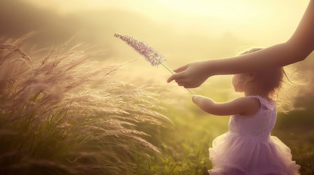 Cute little girl playing with flowers in the meadow at sunsetの素材