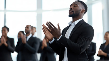 Cheerful african american businessman clapping hands in officeの素材