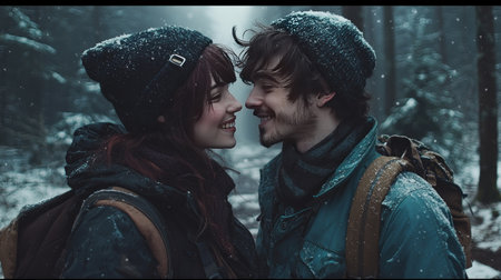 Couple in love walking in the winter forest. Love story.の素材