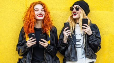 Two young hipster women with mobile phones over yellow wall background.の素材