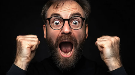 Portrait of a funny bearded man in glasses on a black backgroundの素材