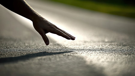 Close up of human hand reaching for the light on the asphalt roadの素材