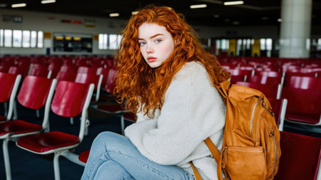 Redhead girl in airport waiting for flight, looking at camera.の素材
