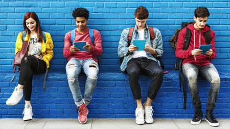 Group of students sitting on the bench and using digital tablet in front of blue brick wallの素材