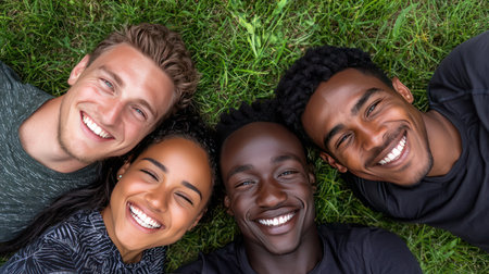 Top view of happy multiethnic group of friends lying on grassの素材