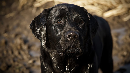 Black labrador retriever dog playing in the mud on a sunny dayの素材