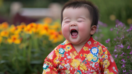 Cute asian baby in kimono crying in the gardenの素材