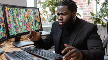 african american hacker looking at computer monitor while sitting in officeの素材