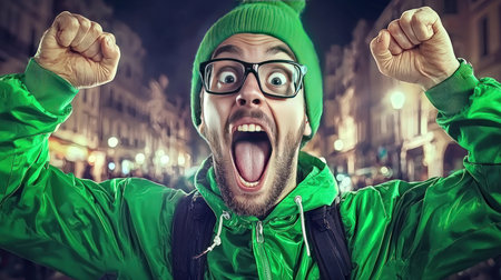 Excited young man in a green jacket and hat rejoices in success.の素材