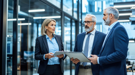 senior businesspeople using digital tablet while standing in corridor of officeの素材