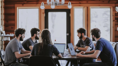 startup business team on meeting in modern bright office interior brainstorming, working on laptopの素材