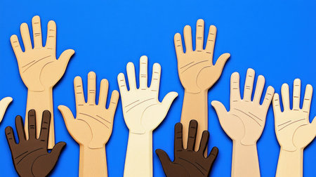 Many hands of different nationalities and cultures on a blue background.の素材