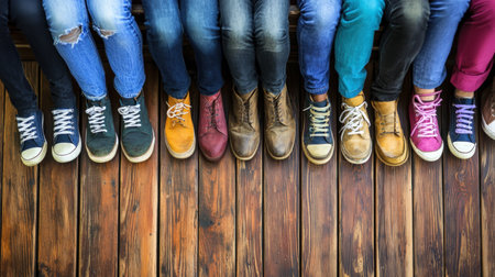 Top view of a group of people wearing colorful shoes on wooden backgroundの素材