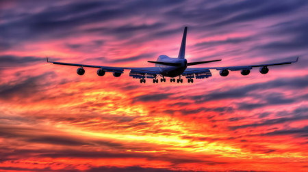 Airplane in the sky at sunset. 3d render. Business travel conceptの素材