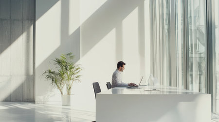 Businessman working on laptop in modern office interior with panoramic windowsの素材