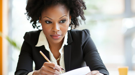 Portrait of a beautiful african american businesswoman writing in a notebookの素材