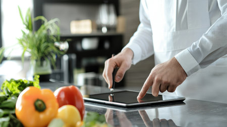 Man using tablet computer in modern kitchen. Closeup of male hands using digital tablet. Online cooking conceptの素材