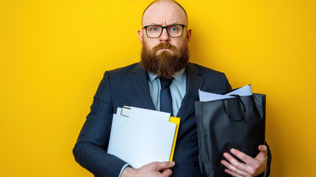 Portrait of a bearded businessman with folders on a yellow background.の素材