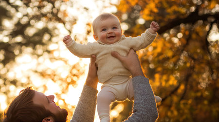 Happy mother and her baby having fun in the autumn park at sunsetの素材