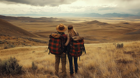 A couple of travelers with backpacks walking through the steppe.の素材