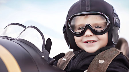Portrait of cute little boy in aviator helmet and goggles looking at cameraの素材
