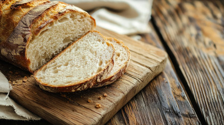 Freshly baked sourdough bread on a wooden cutting board.の素材