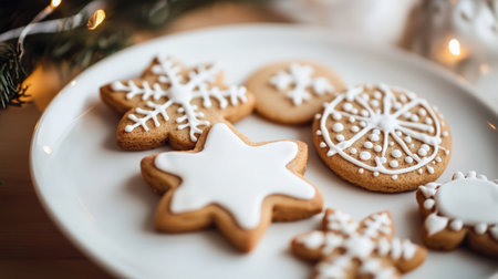 Christmas cookies in the form of snowflakes on a white plateの素材