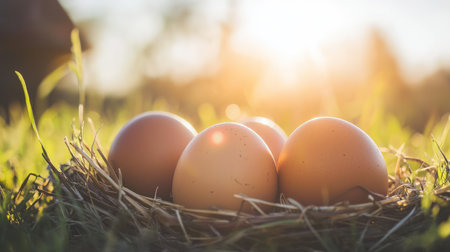 Eggs in the nest on the grass in the sunlight.の素材