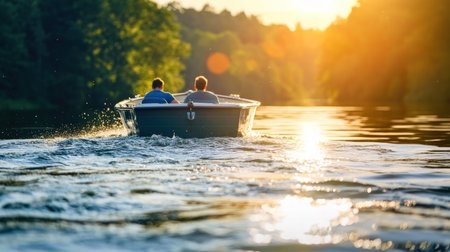 Young couple in a boat on the river at sunset. Selective focus.の素材