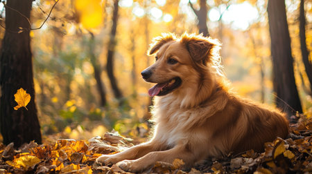 Portrait of a golden retriever dog in the autumn forest.の素材