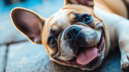 French bulldog lying on the floor and looking at camera. Close-up.の素材