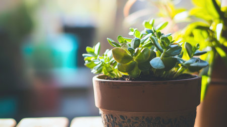 Succulent plant in a pot on the windowsill. Selective focus.の素材