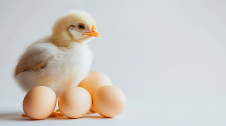 Cute little chicken and eggs on white background with copy space.の素材