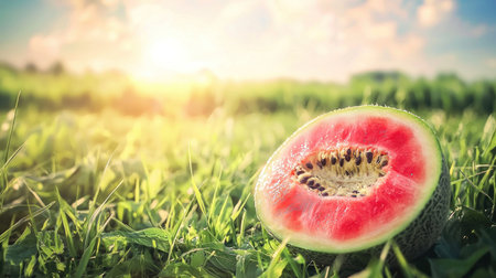 Fresh ripe watermelon on green grass in the field. Summer backgroundの素材