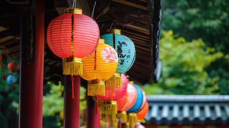 Colorful paper lanterns in chinese temple, closeup of photoの素材