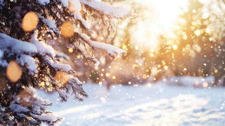 Christmas background with fir branches covered with snow, bokeh effectの素材