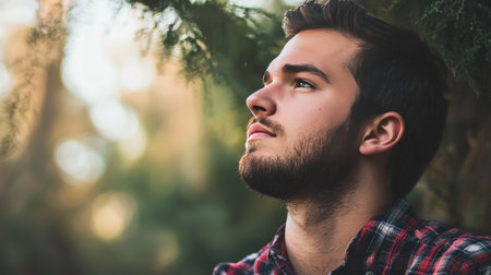 Portrait of a young man in a plaid shirt standing in the forestの素材