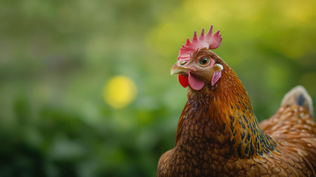 Portrait of a rooster on a background of green grass.の素材