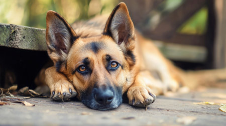 German shepherd dog lying on the ground in autumn day. Selective focus.の素材